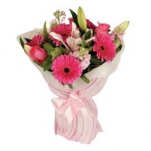 5 Gerberas, 5 Pink Roses with 1 Stem liliy 5 Gerberas, 5 Pink Roses with 1 Stem liliy